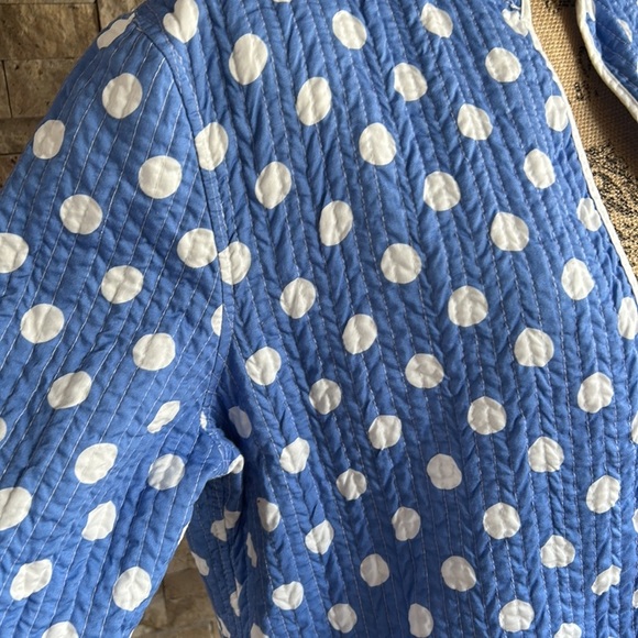 Patty Kim blue with white polka dots quilted roll sleeve open front jacket - Picture 3 of 16